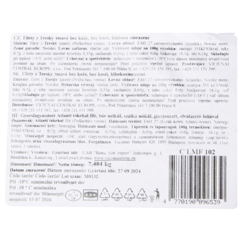 MRAŽ. Treska tmavá filety /7,484kg