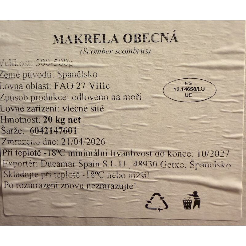 MRAŽ. makrela nekuchaná ŠIŠMA 300 -500g